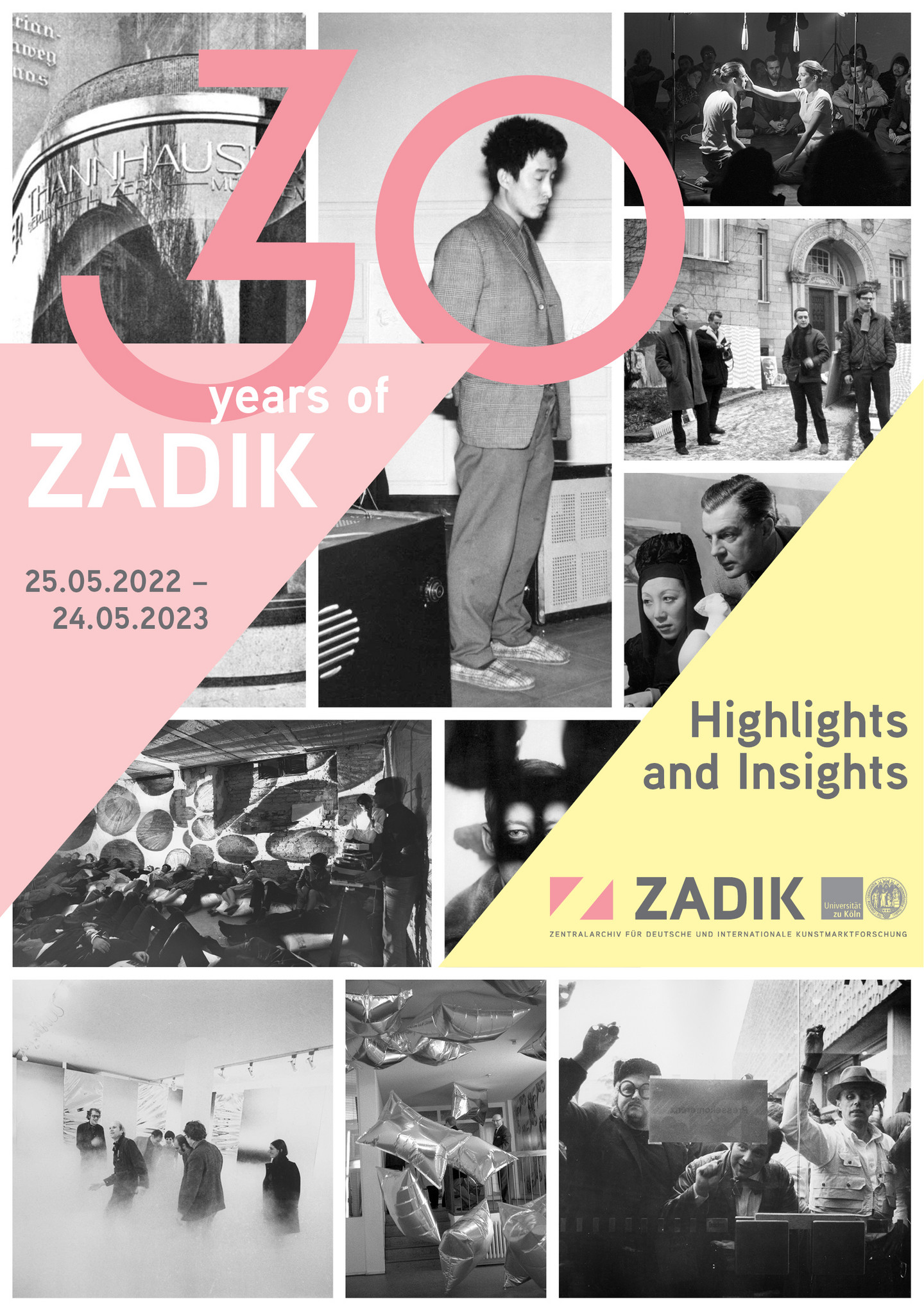 Flyer der Jubiläumsausstellung mit verschiedenen schwarz-weiß Fotografien aus dem Archiv und einer großen rosa 30